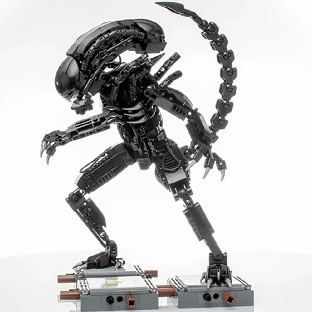 Explore this intricate black LEGO robot model, showcasing a sleek design with a scorpion-like tail, poised dynamically on a sturdy display stand. Perfect for collectors and enthusiasts of futuristic builds!