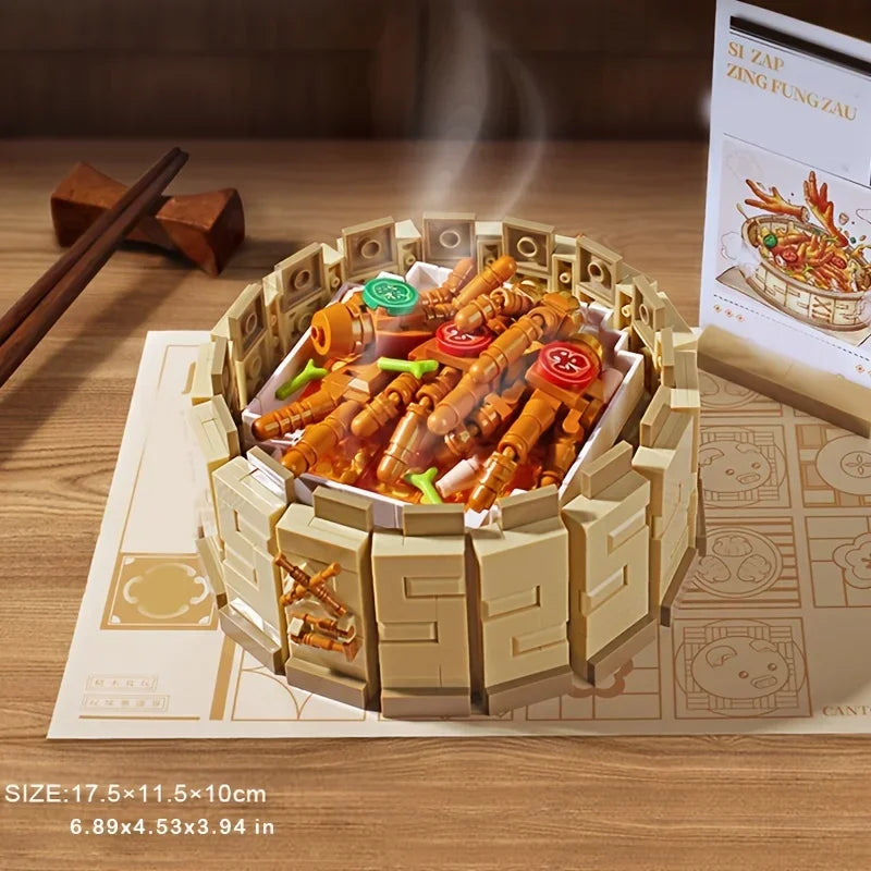 Delight in this playful, LEGO-like hotpot set, steam rising from the toy broth, nestled in a cozy, intricately designed pot—a charming addition to any collection or playful decor! Dimensions: 17.5x11.5x10 cm (6.89x4.53x3.94 in).