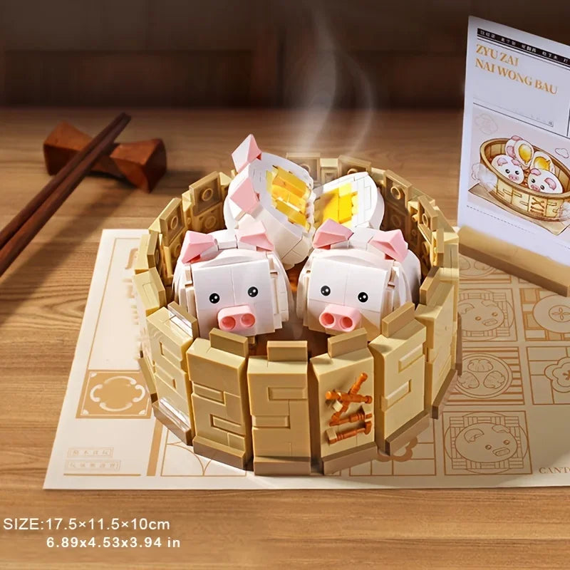 Delight in this charming LEGO-like puzzle featuring adorable piglets in a steaming dim sum basket. Perfect for playful minds and piggy enthusiasts! (Size: 17.5x11.5x10cm).