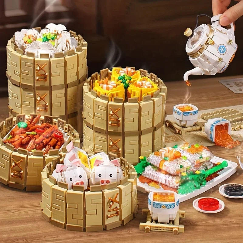 Discover this playful, 3D puzzle snack set! It features intricate, stackable pieces resembling a multi-tiered tower, complemented with whimsical food-themed ornaments and a teapot pouring tea. Perfect for creative fun and photo-worthy moments at gatherings.