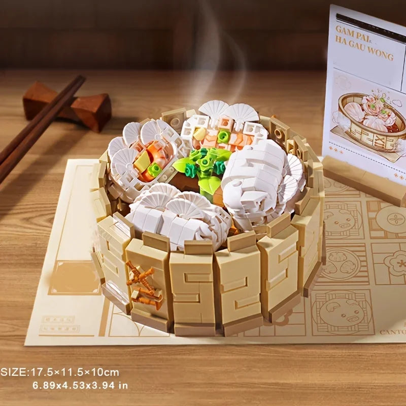 Explore this charming LEGO-style dim sum set, featuring a steaming bamboo basket packed with colorful, intricate dumplings. A warm, inviting scene perfect for craft and cuisine enthusiasts. #LEGO #DimSum #CraftKit #DelightfulHobby